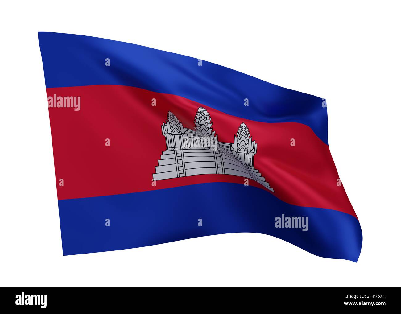 3D Illustration Flagge von Kambodscha. Kambodschanische hochauflösende Flagge vor weißem Hintergrund isoliert. 3D Rendern Stockfoto