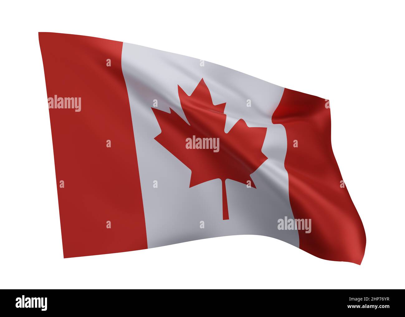 3D Abbildung Flagge von Kanada. Kanadische hochauflösende Flagge vor weißem Hintergrund isoliert. 3D Rendern Stockfoto