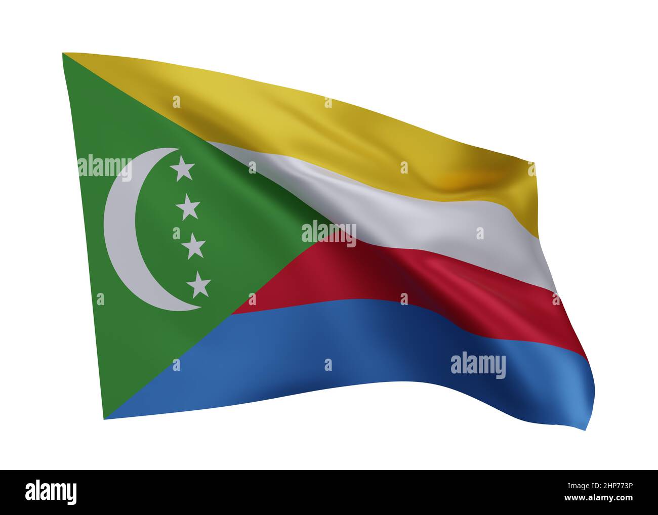 3D Illustration Flagge der Komoren. Komoren-Flagge mit hoher Auflösung, isoliert vor weißem Hintergrund. 3D Rendern Stockfoto