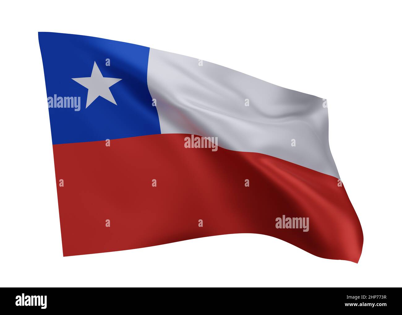3D Illustration Flagge von Chile. Chilenische hochauflösende Flagge vor weißem Hintergrund isoliert. 3D Rendern Stockfoto
