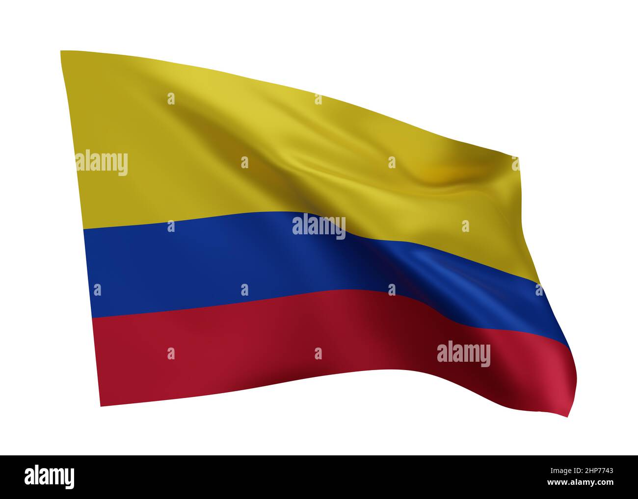 3D Illustration Flagge von Kolumbien. Kolumbianische hochauflösende Flagge vor weißem Hintergrund isoliert. 3D Rendern Stockfoto