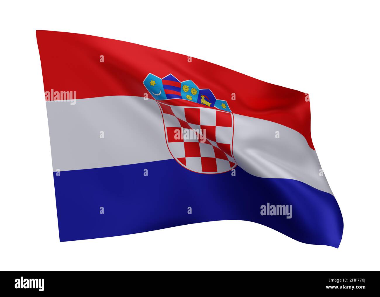 3D Illustration Flagge von Kroatien. Kroatische hochauflösende Flagge vor weißem Hintergrund isoliert. 3D Rendern Stockfoto
