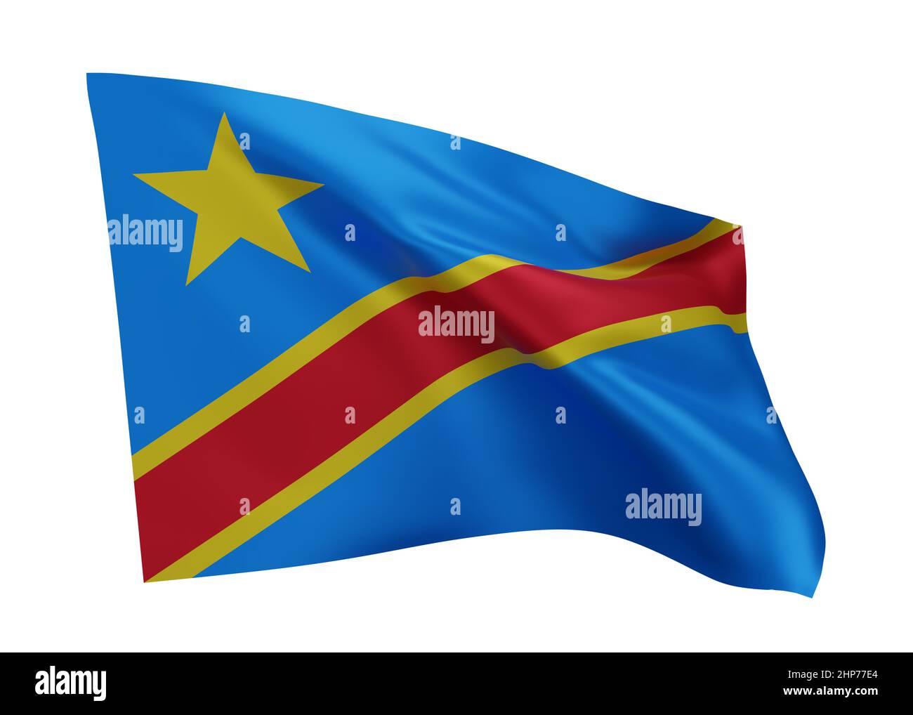 3D Illustration Flagge der Demokratischen Republik Kongo. Kongo-Hochauflösungsflagge isoliert vor weißem Hintergrund. 3D Rendern Stockfoto