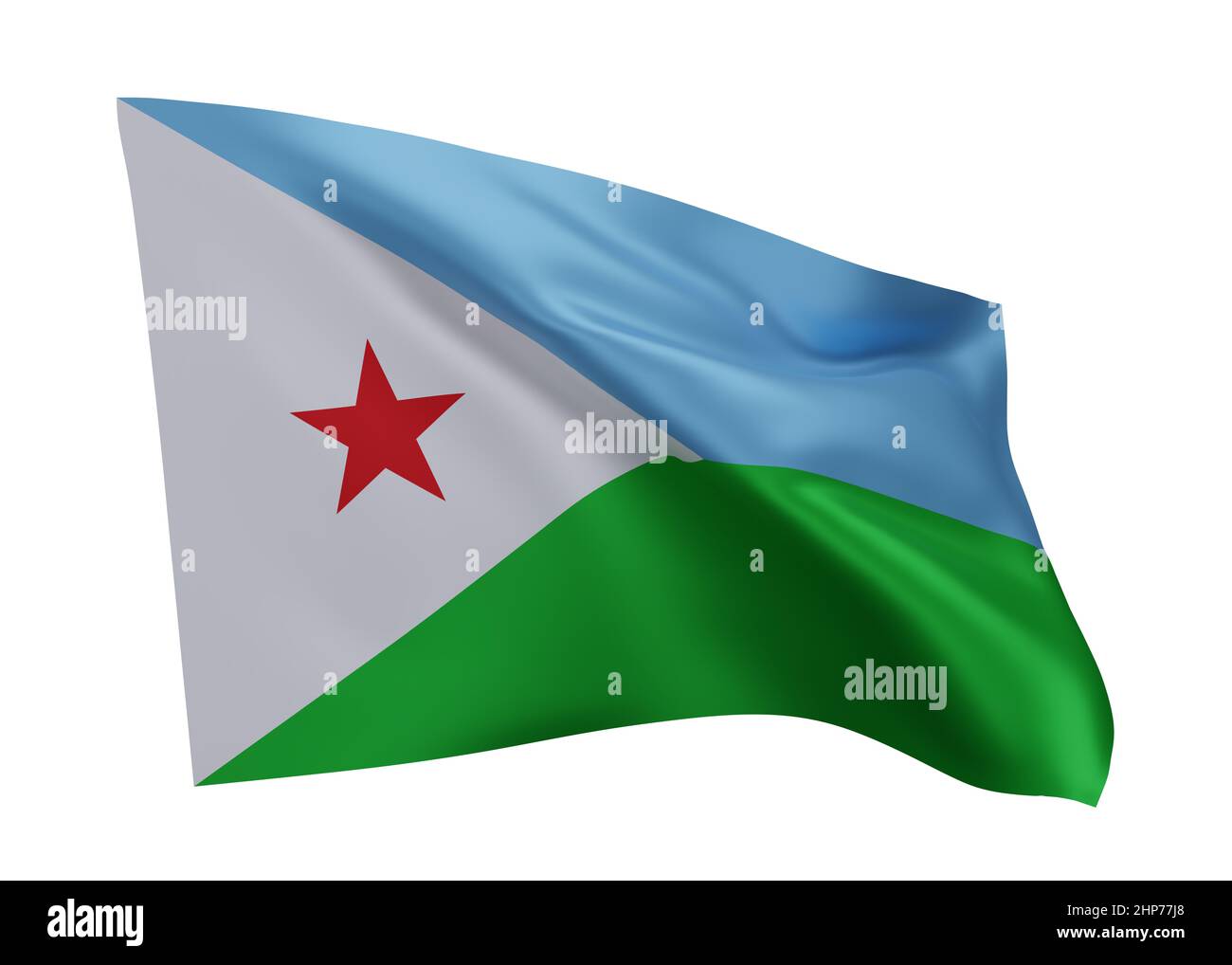 3D Illustration Flagge von Dschibuti. Dschibutische hochauflösende Flagge vor weißem Hintergrund isoliert. 3D Rendern Stockfoto