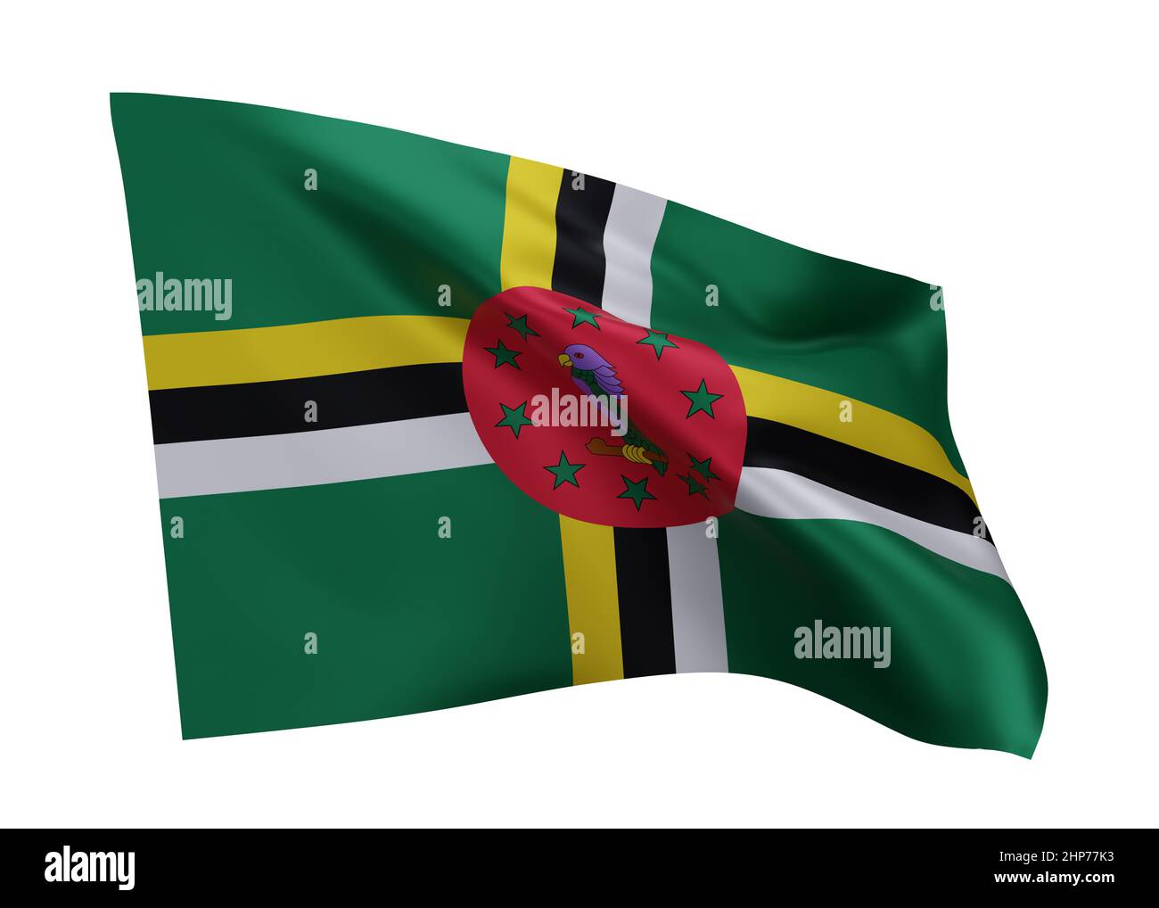 3D Illustration Flagge von Dominica. Dominica-Flagge mit hoher Auflösung, isoliert vor weißem Hintergrund. 3D Rendern Stockfoto