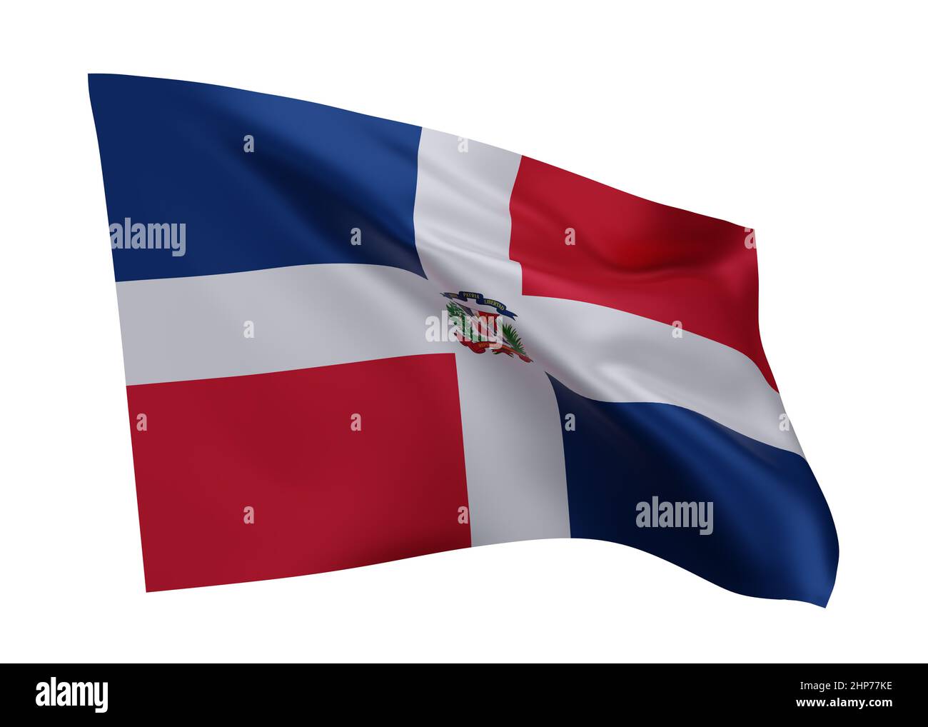 3D Abbildung Flagge der Dominikanischen Republik . Dominikanische Republik hochauflösende Flagge isoliert vor weißem Hintergrund. 3D Rendern Stockfoto