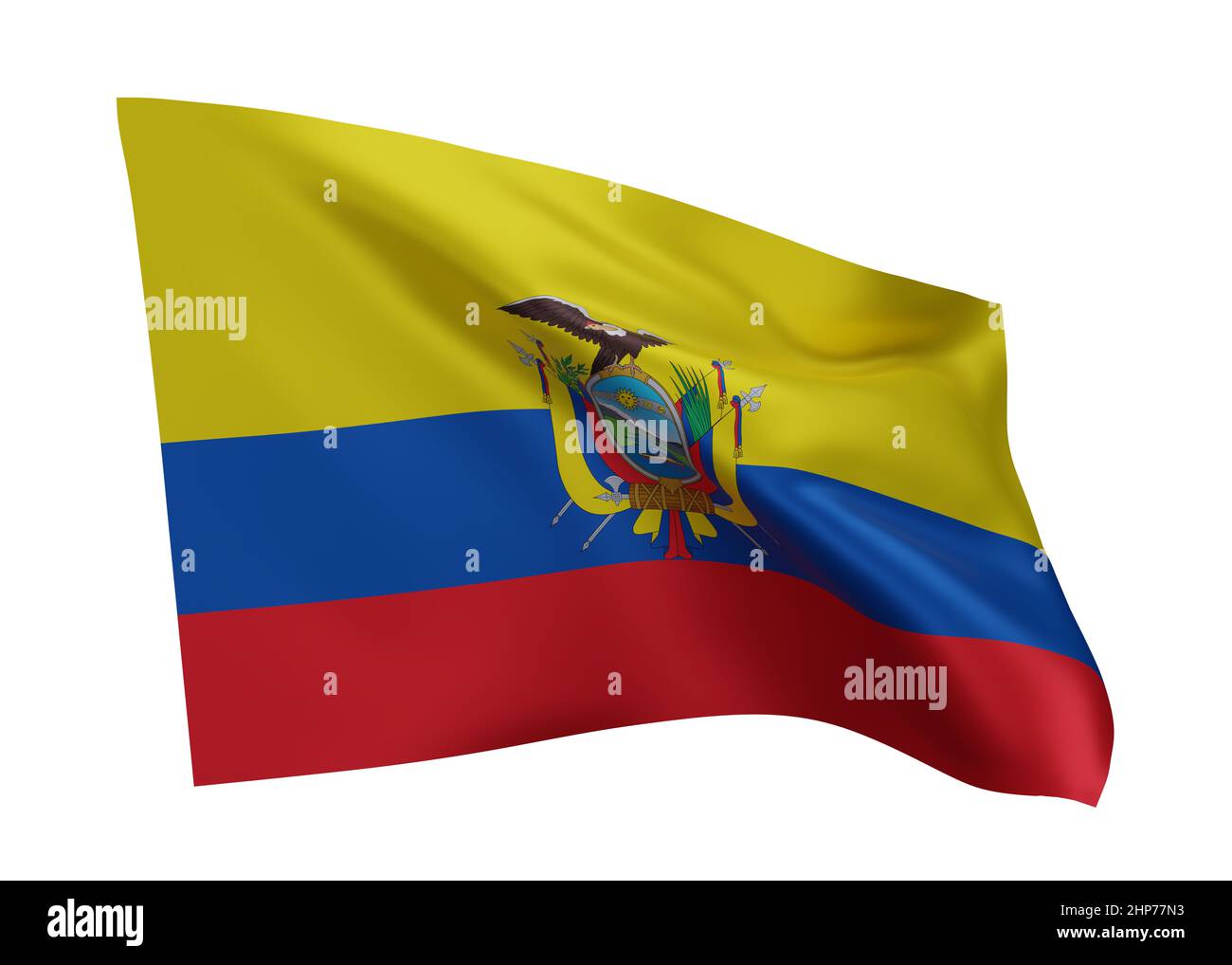 3D Illustration Flagge von Ecuador. Ecuadorianische hochauflösende Flagge vor weißem Hintergrund isoliert. 3D Rendern Stockfoto