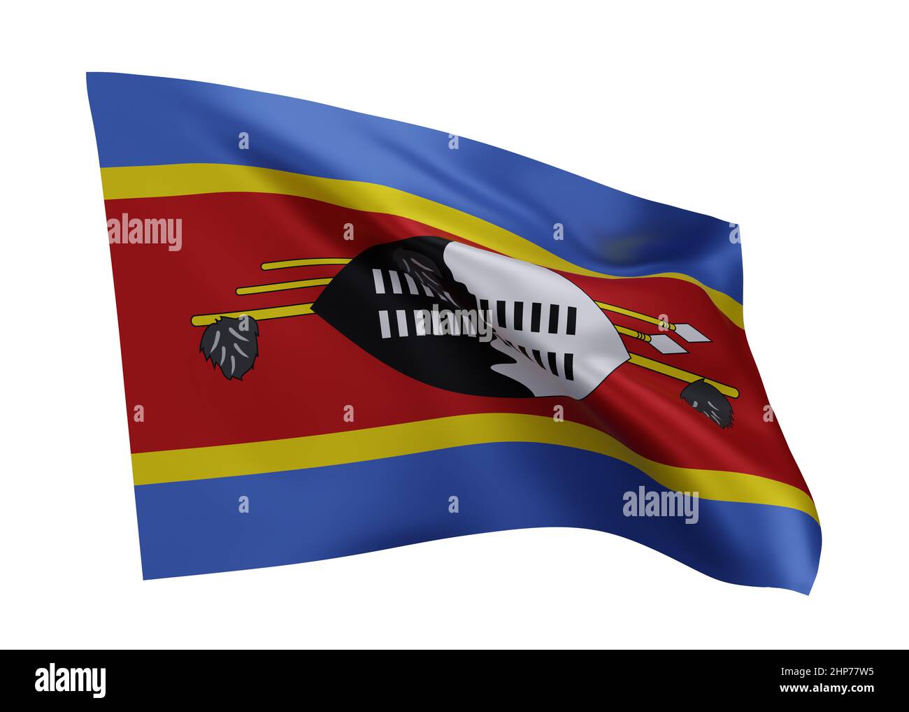3D Illustration Flagge des Königreichs Eswatini. Eswatini hochauflösende Flagge isoliert vor weißem Hintergrund. 3D Rendern Stockfoto