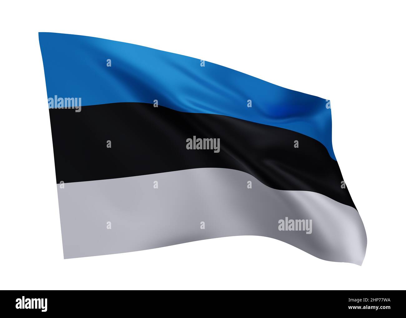 3D Illustration Flagge von Estland. Estnische hochauflösende Flagge vor weißem Hintergrund isoliert. 3D Rendern Stockfoto