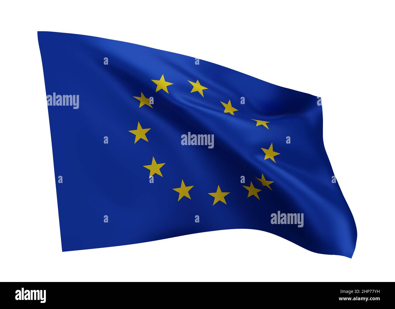 3D Illustration Flagge der Europäischen Union. Flagge der Europäischen Union mit hoher Auflösung vor weißem Hintergrund isoliert. 3D Rendern Stockfoto
