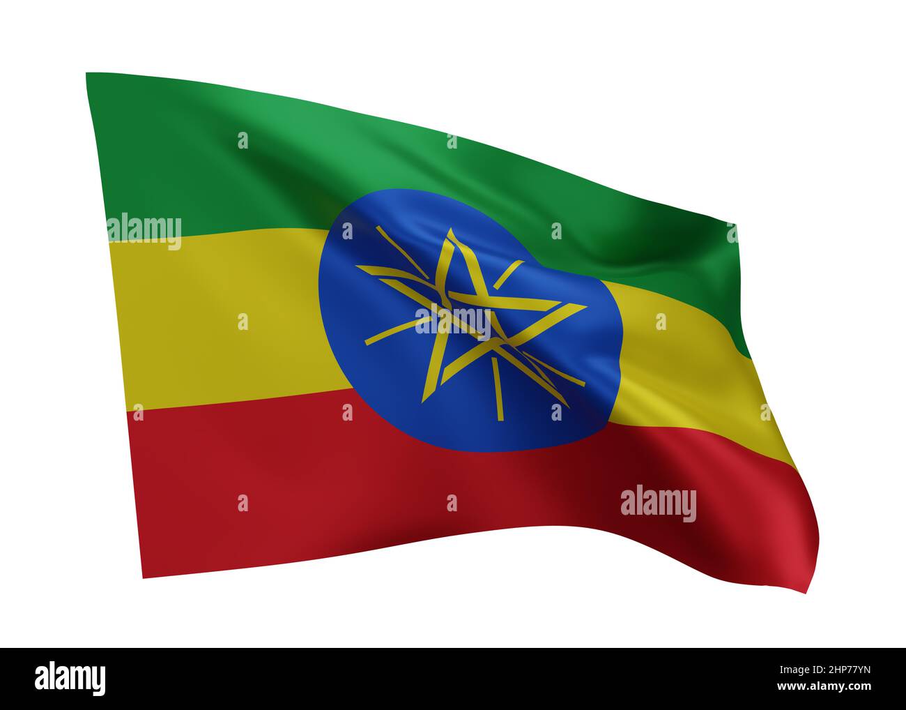 3D Illustration Flagge von Äthiopien. Äthiopische Flagge mit hoher Auflösung, isoliert vor weißem Hintergrund. 3D Rendern Stockfoto