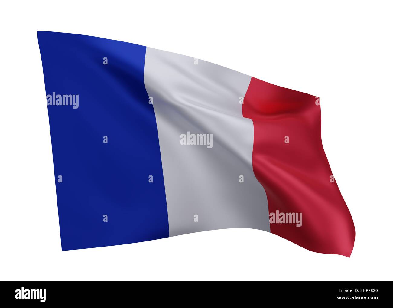 3D Illustration Flagge von Frankreich. Französische Flagge mit hoher Auflösung, isoliert vor weißem Hintergrund. 3D Rendern Stockfoto