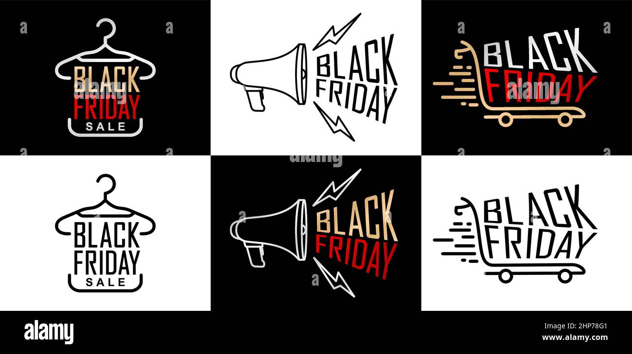Illustration von Aufhänger, Megaphon und Wagen für Black Friday isoliert Hintergrund mit rot, Gold, silber, schwarz Farbe. Für die Förderung Online-Shop, Poster, Web-Banner, Broschüre und Flyer Design-Konzept. Stock Vektor
