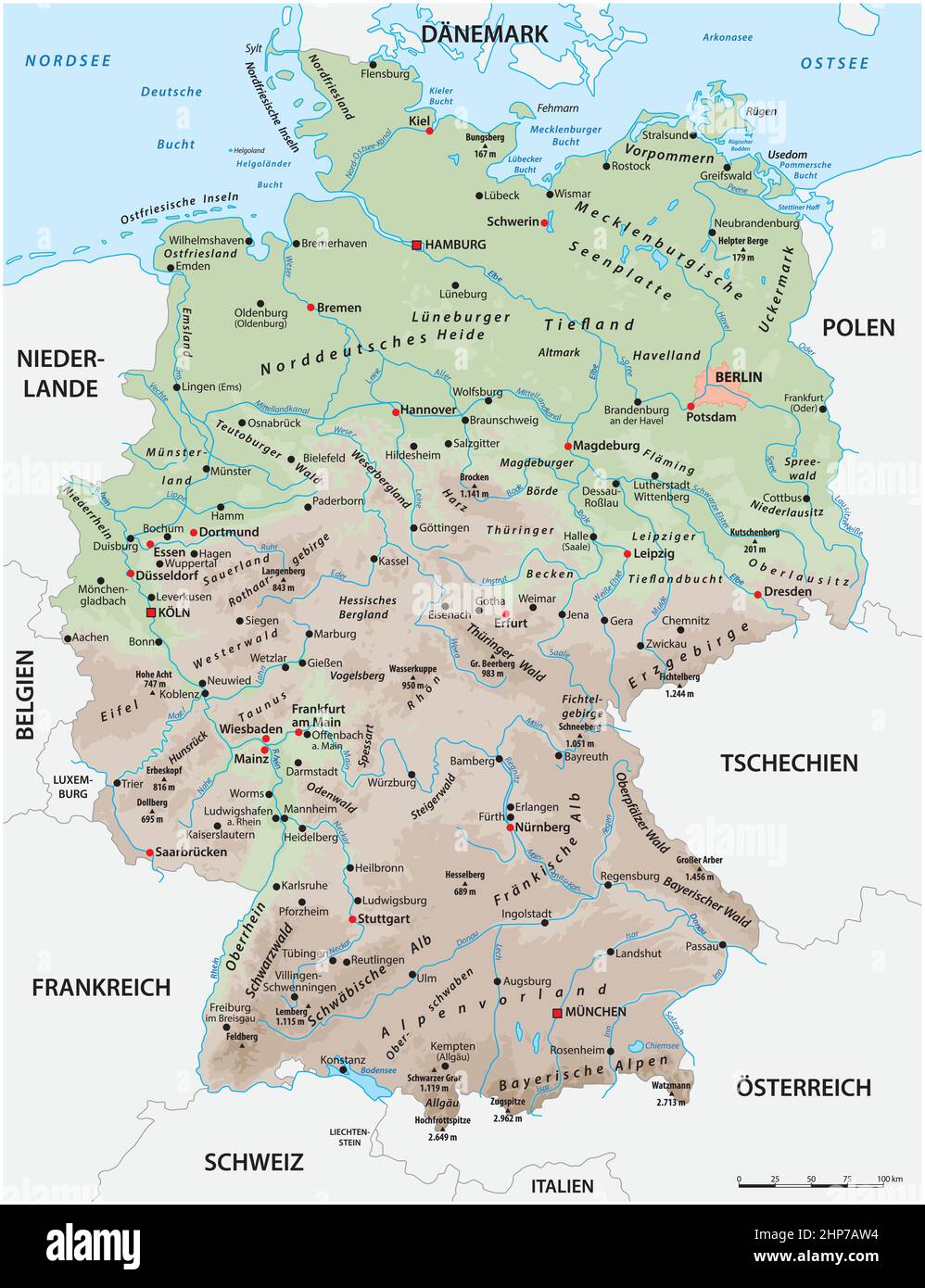 Detailreiche physische Karte von Deutschland mit deutschen Schriftzügen Stock Vektor