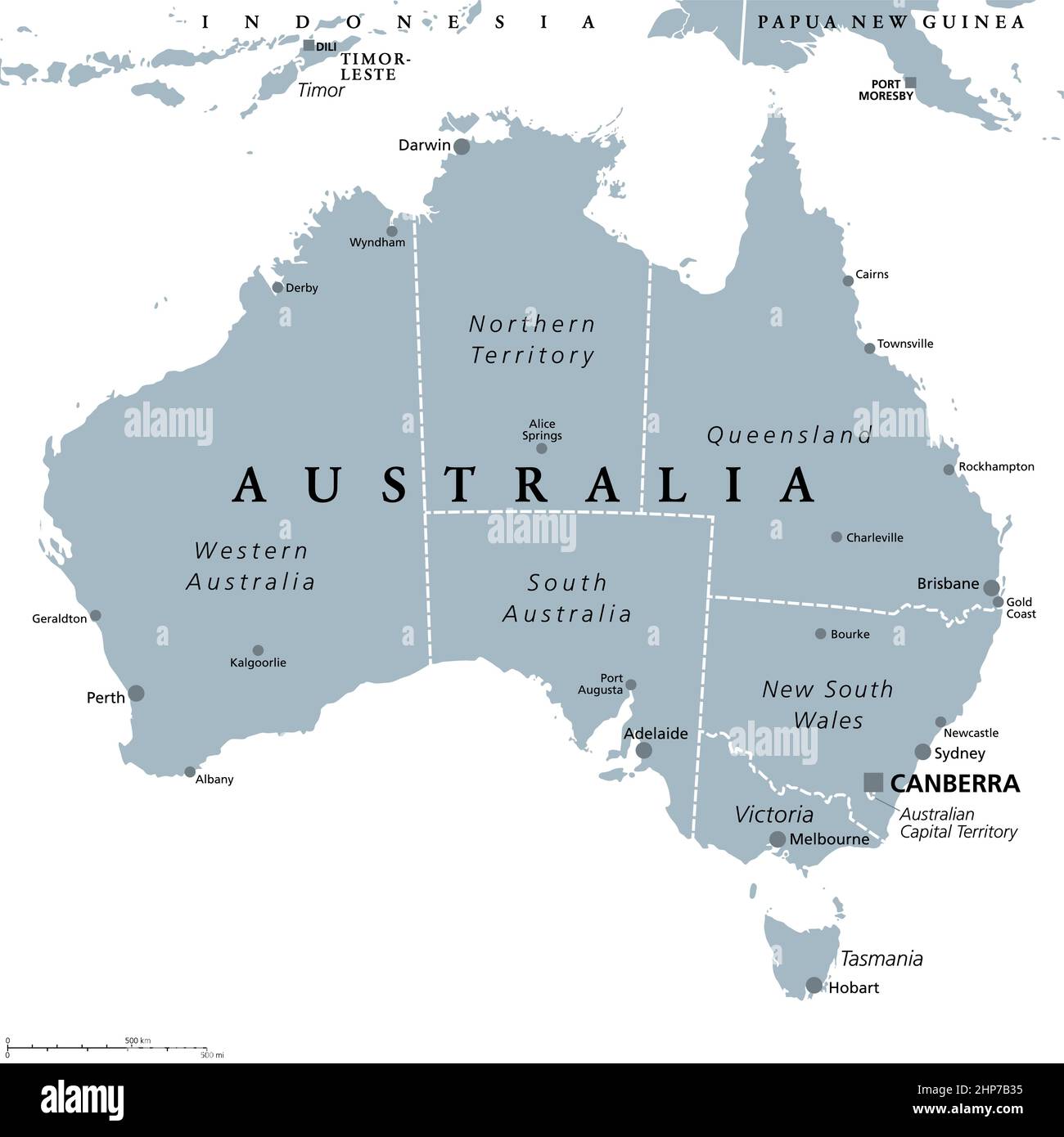 Australien, graue politische Landkarte mit administrativen Grenzen Stock Vektor