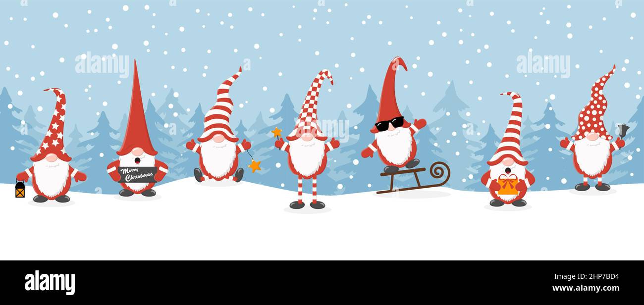 weihnachtsgnome mit Wintertannen Hintergrund Stock Vektor