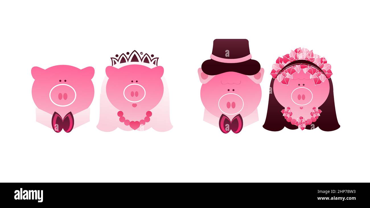 Illustration von Piggy Paar Hochzeit mit rosa Farbe isoliert weißen Hintergrund. Anwendbar für Hochzeitseinladung, Tag und Label Kinder. Symbol für die Ehe. Stock Vektor