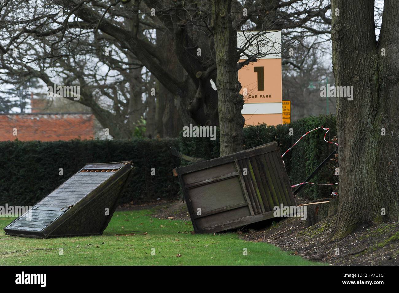 Ascot, Bergen, Großbritannien. 19th. Februar 2022. Gestern wurde während des Sturms Eunice eine Busstation vor der Ascot Racecourse von starken Winden in den Parkplatz 1 auf dem Gelände der Ascot Racecourse gesprengt. Zwei Bäume daneben wurden ebenfalls stark beschädigt und sind nun gefällt worden. Quelle: Maureen McLean/Alamy Live News Stockfoto