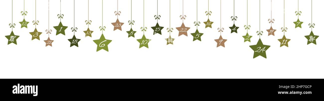 weihnachts-Adventskalender 1 bis 24 auf hängenden Sternen Stock Vektor