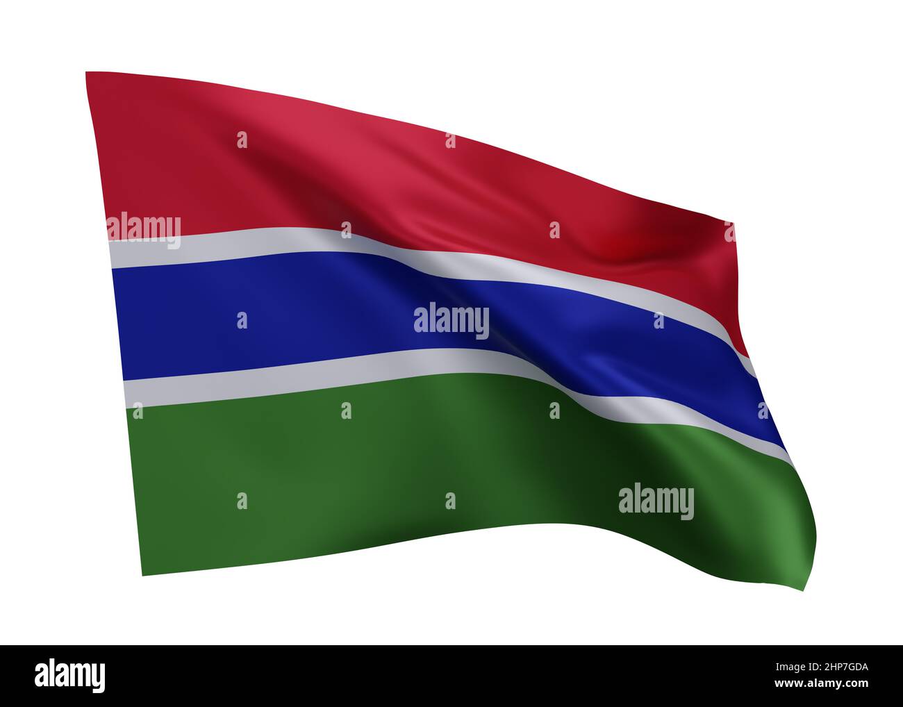 3D Illustration Flagge von Gambia. Gambische Flagge mit hoher Auflösung, isoliert vor weißem Hintergrund. 3D Rendern Stockfoto