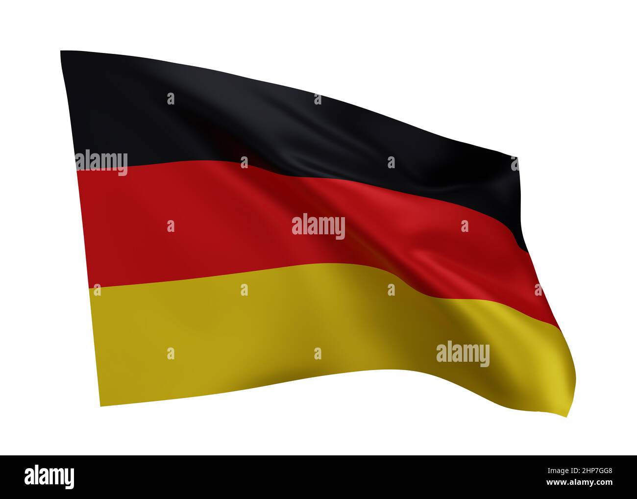 3D Illustration Flagge von Deutschland. Hochaufgelöste deutsche Flagge vor weißem Hintergrund isoliert. 3D Rendern Stockfoto