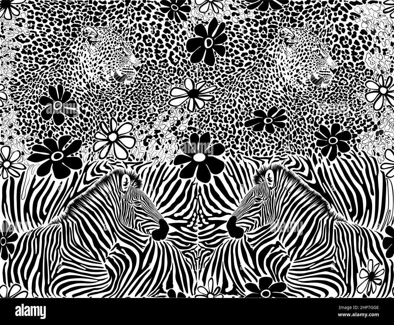 Camouflage und Leoparden- und Zebraköpfe mit Cartoon-Blumen Stock Vektor