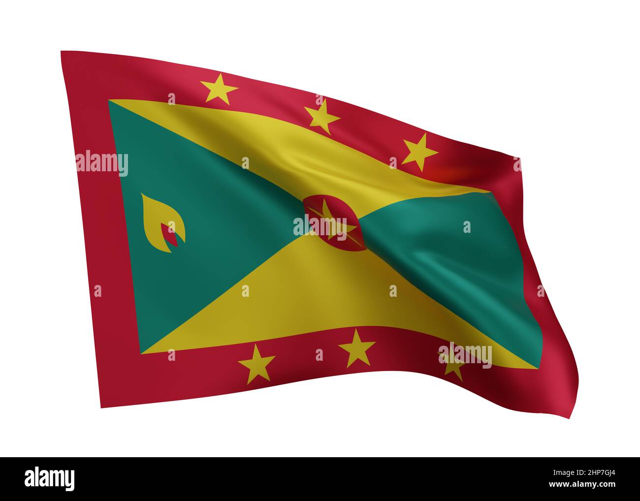3D Illustration Flagge von Grenada. Grenadische hochauflösende Flagge vor weißem Hintergrund isoliert. 3D Rendern Stockfoto