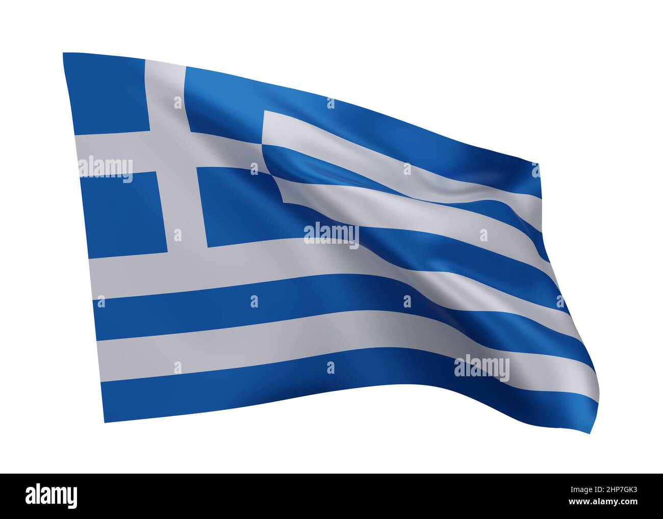 3D Abbildung Flagge von Griechenland. Griechische Flagge mit hoher Auflösung, isoliert vor weißem Hintergrund. 3D Rendern Stockfoto