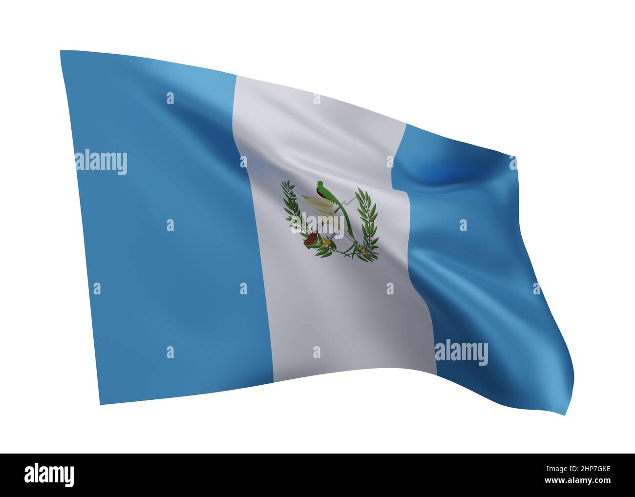 3D Illustration Flagge von Guatemala. Guatemaltekische hochauflösende Flagge vor weißem Hintergrund isoliert. 3D Rendern Stockfoto