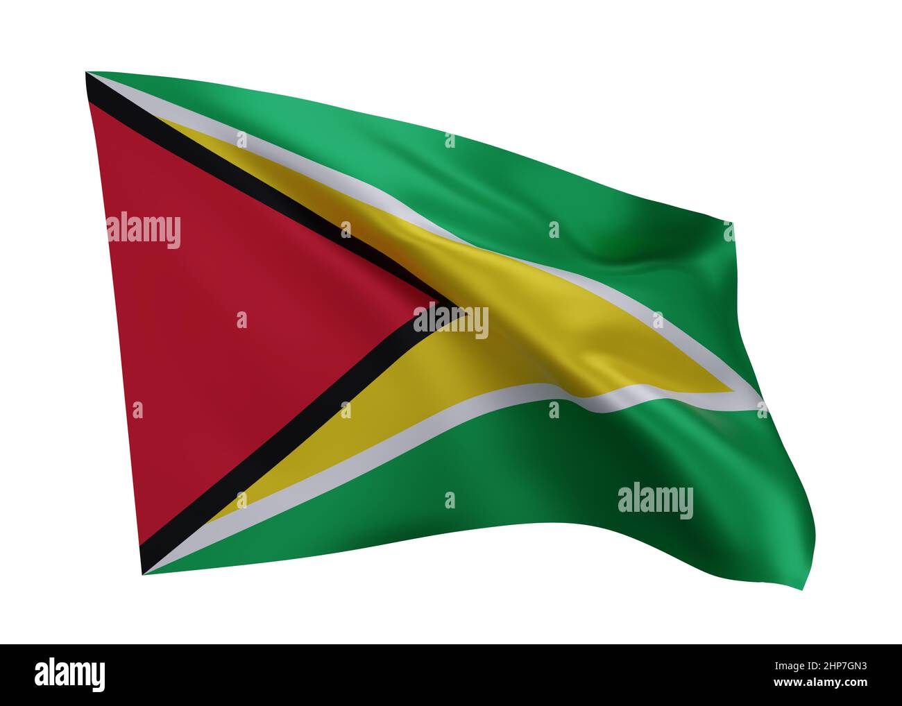 3D Illustration Flagge von Guyana. Guyanische hochauflösende Flagge vor weißem Hintergrund isoliert. 3D Rendern Stockfoto