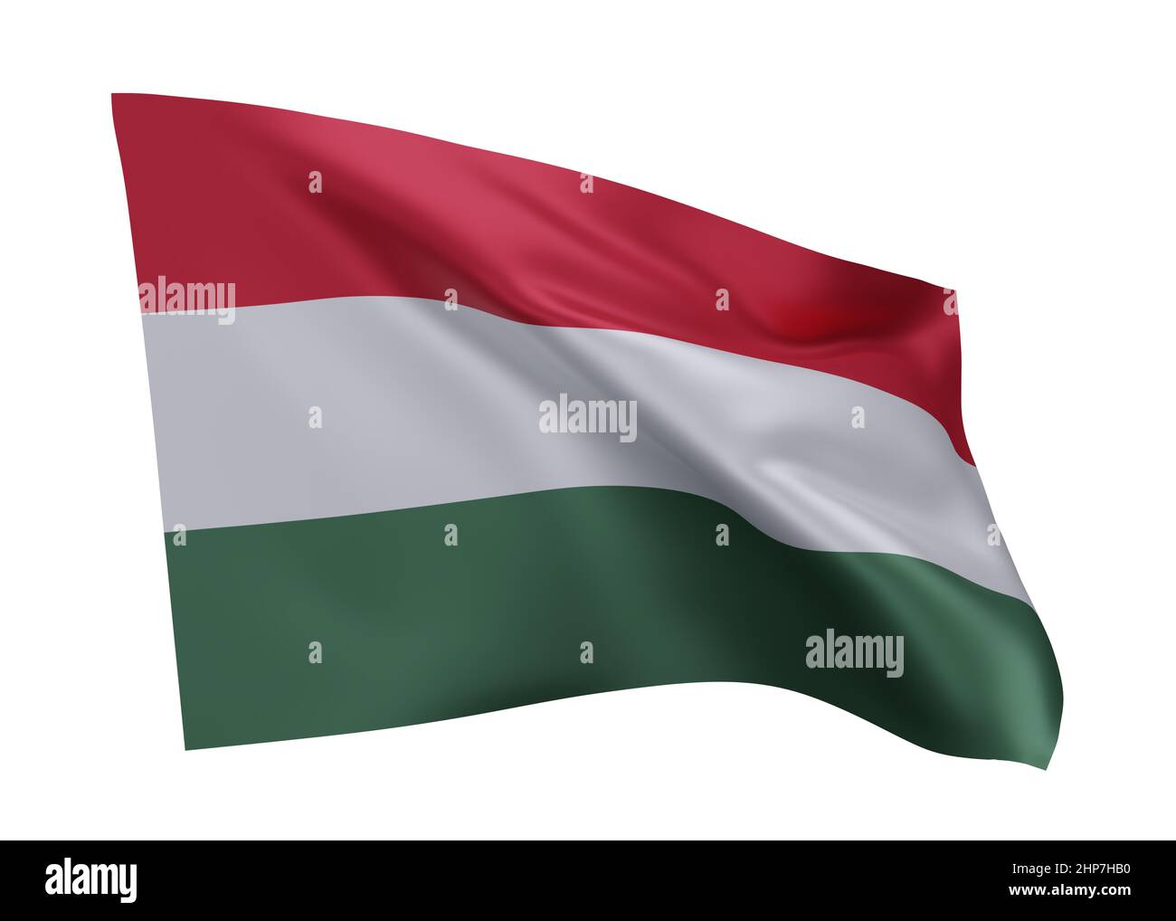 3D Illustration Flagge von Ungarn. Ungarische hochauflösende Flagge vor weißem Hintergrund isoliert. 3D Rendern Stockfoto