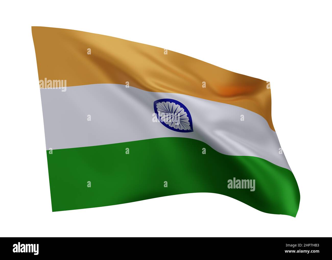 3D Abbildung Flagge von Indien. Indisches hochauflösendes Flag isoliert vor weißem Hintergrund. 3D Rendern Stockfoto