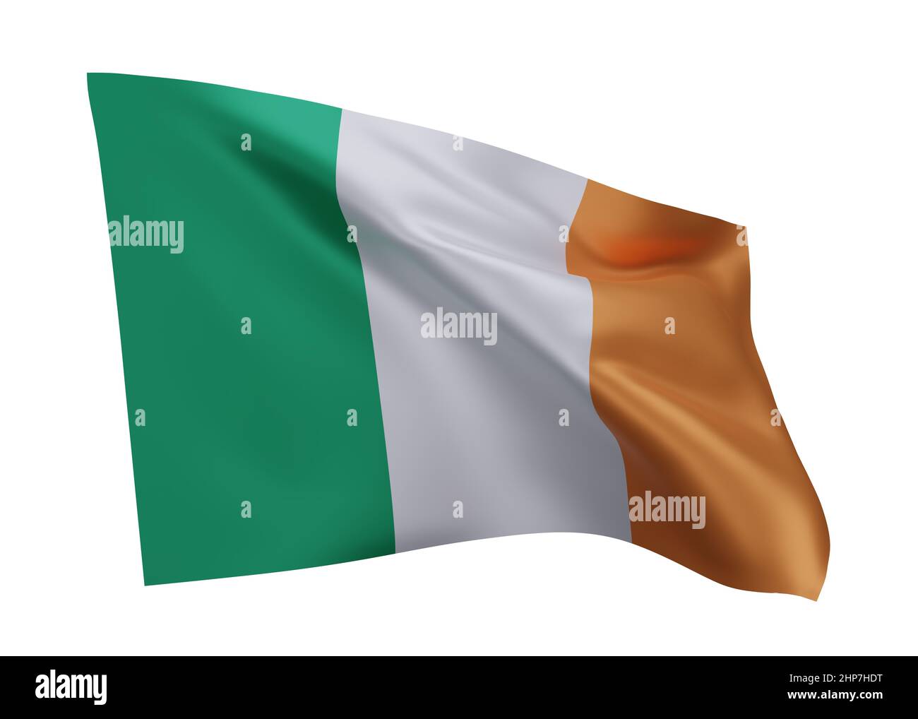 3D Abbildung Flagge von Irland. Irische hochauflösende Flagge isoliert vor weißem Hintergrund. 3D Rendern Stockfoto