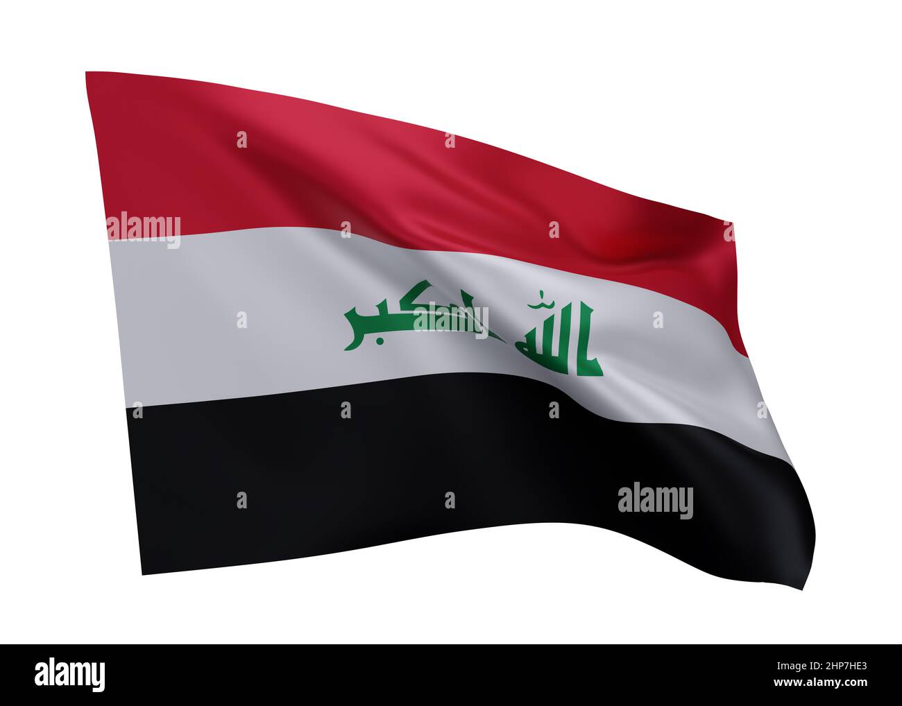 3D Illustration Flagge des Irak. Irakische hochauflösende Flagge vor weißem Hintergrund isoliert. 3D Rendern Stockfoto