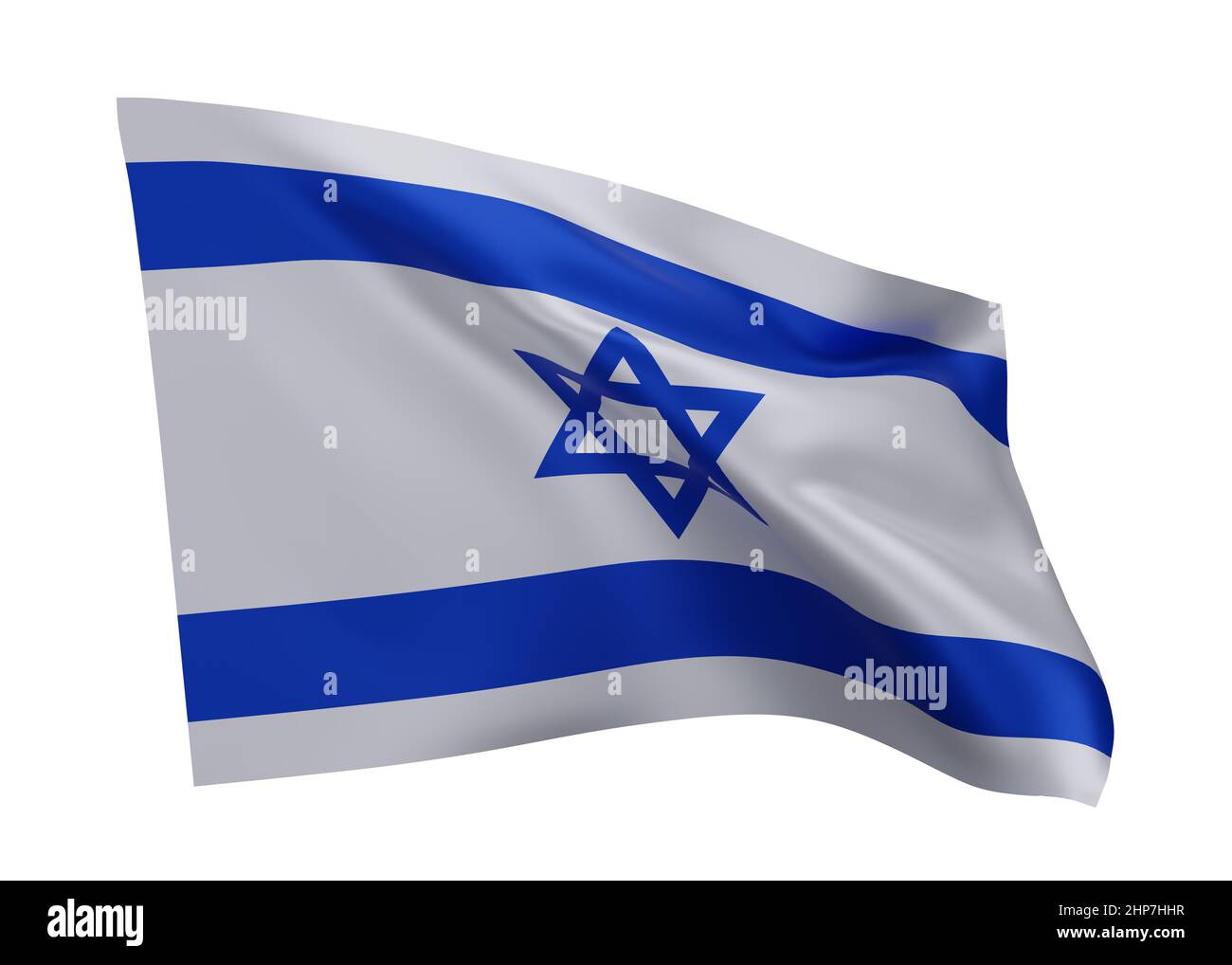 3D Illustration Flagge von Israel. Israelische hochauflösende Flagge vor weißem Hintergrund isoliert. 3D Rendern Stockfoto