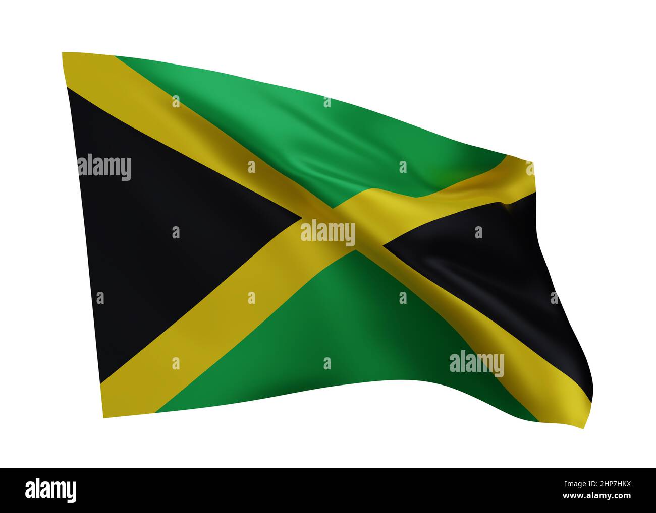 3D Abbildung Flagge von Jamaika. Jamaikanische Flagge mit hoher Auflösung, isoliert vor weißem Hintergrund. 3D Rendern Stockfoto
