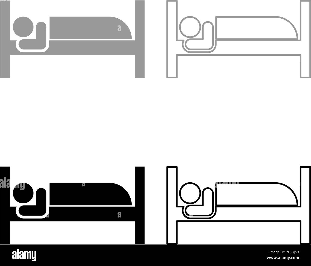 Mann liegt auf Bett schlafen Konzept Hotel Zeichen gesetzt Symbol grau schwarz Farbe Vektor Illustration Bild flach Stil solide füllen Kontur Kontur Linie dünn Stock Vektor