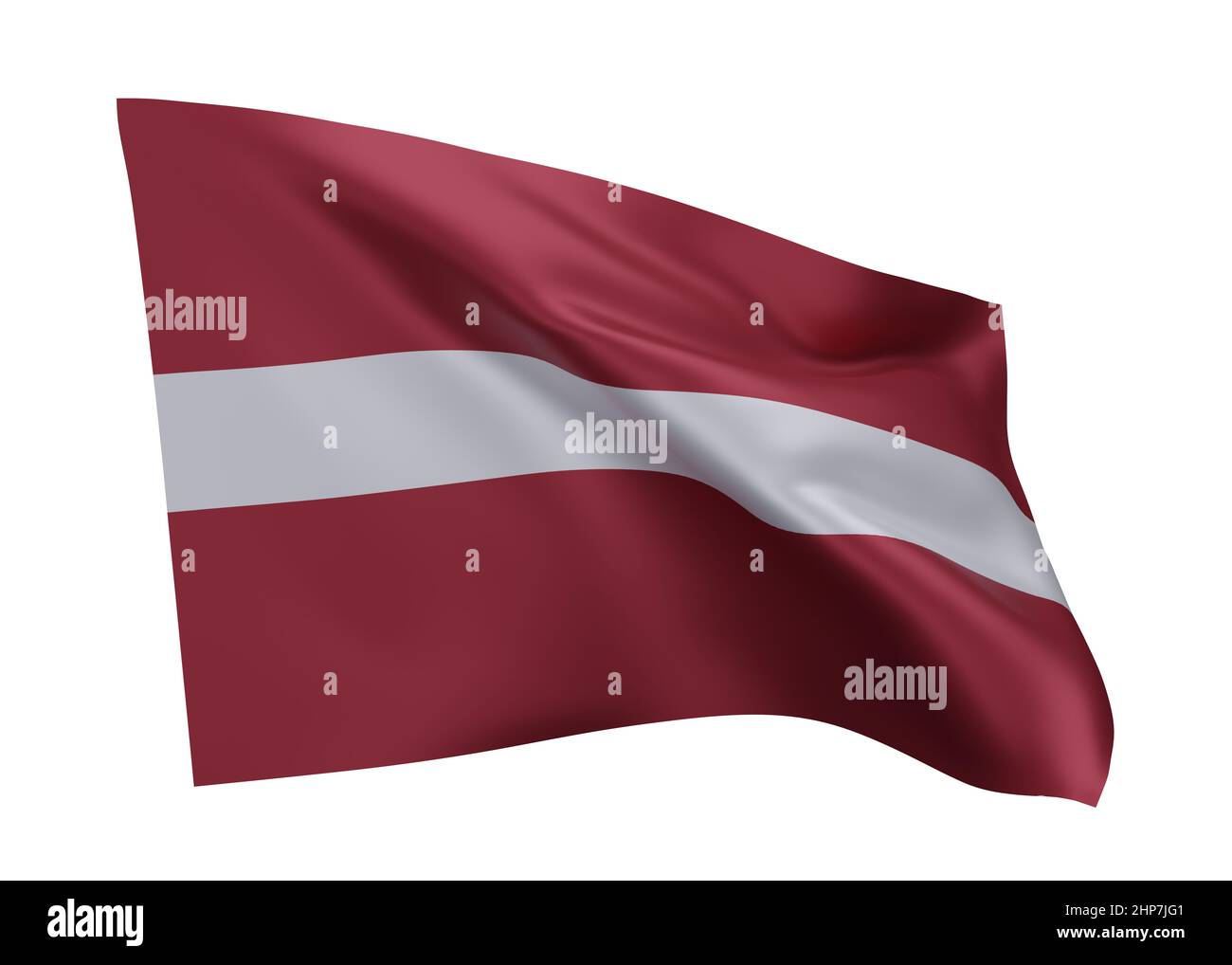 3D Illustration Flagge von Lettland. Lettische Flagge mit hoher Auflösung, isoliert vor weißem Hintergrund. 3D Rendern Stockfoto