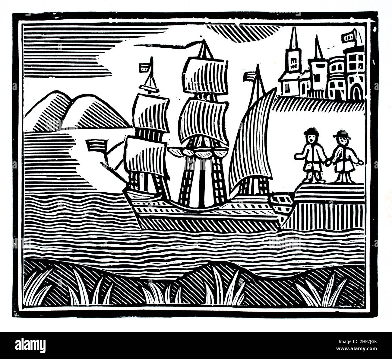 18th Century Children’s Robinson Crusoe CHAP Holzschnitt-Illustration, Crusoe setzt seine ereignisreiche Reise in die Segel Stockfoto