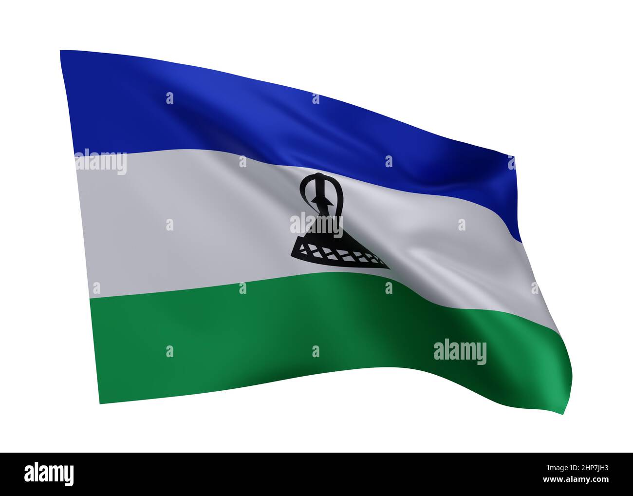 3D Illustration Flagge von Lesotho. Lesotho hochauflösende Flagge isoliert vor weißem Hintergrund. 3D Rendern Stockfoto