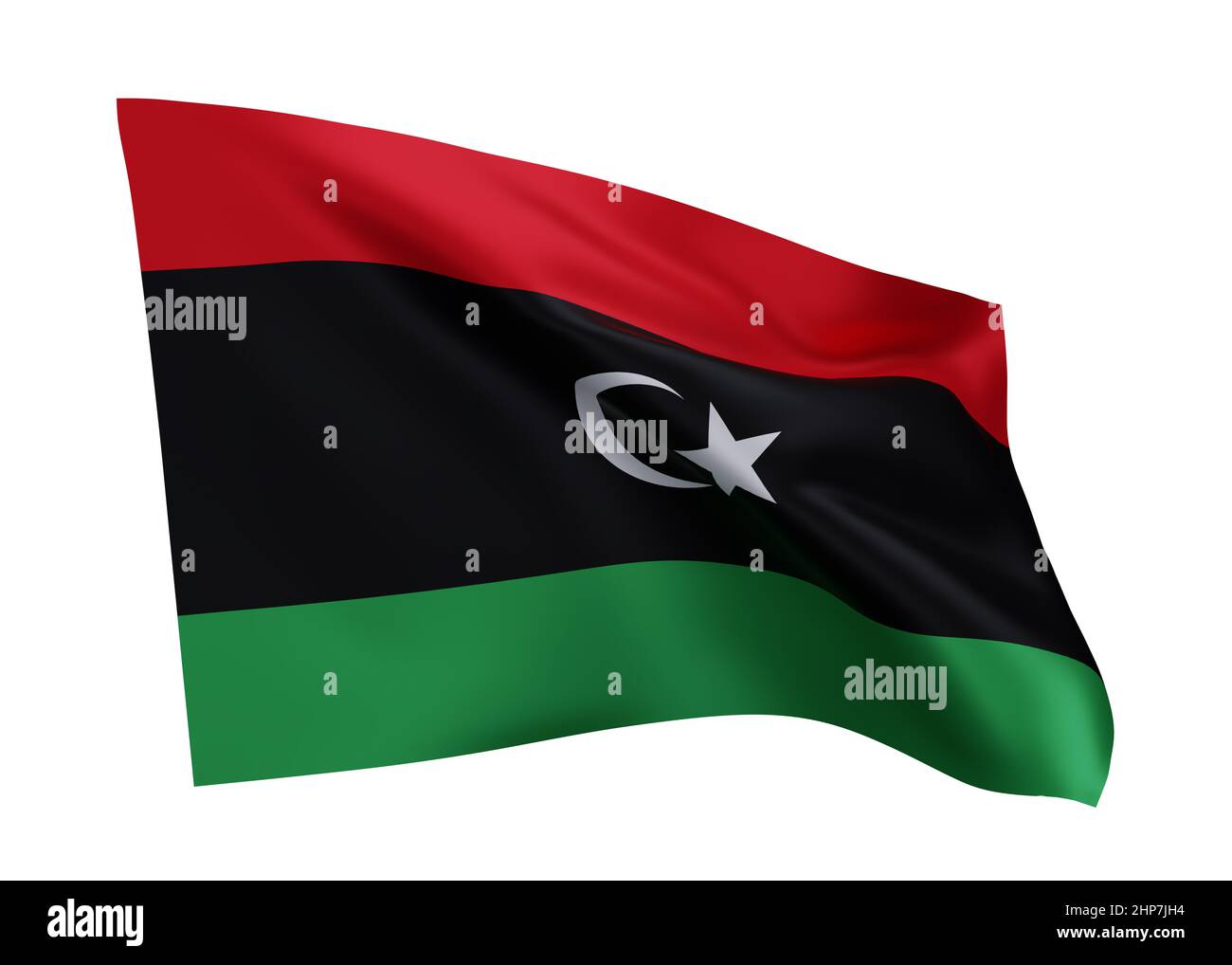 3D Illustration Flagge Libyens. Libysche hochauflösende Flagge vor weißem Hintergrund isoliert. 3D Rendern Stockfoto
