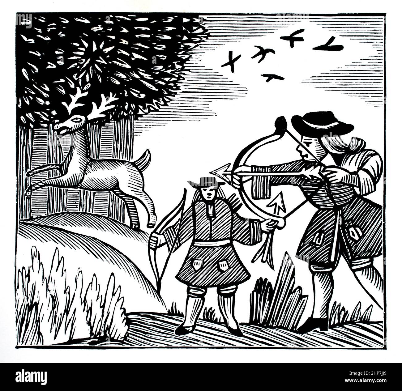 18th Century Children's The True Tale of Robin Hood CHAP Holzschnitt-Illustration, Jagd auf Hirsche in Sherwood Forst Stockfoto