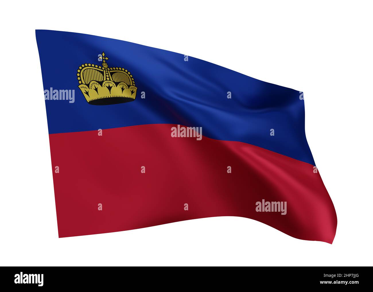 3D Illustration Flagge von Liechtenstein. Liechtenstein hochauflösende Flagge isoliert vor weißem Hintergrund. 3D Rendern Stockfoto