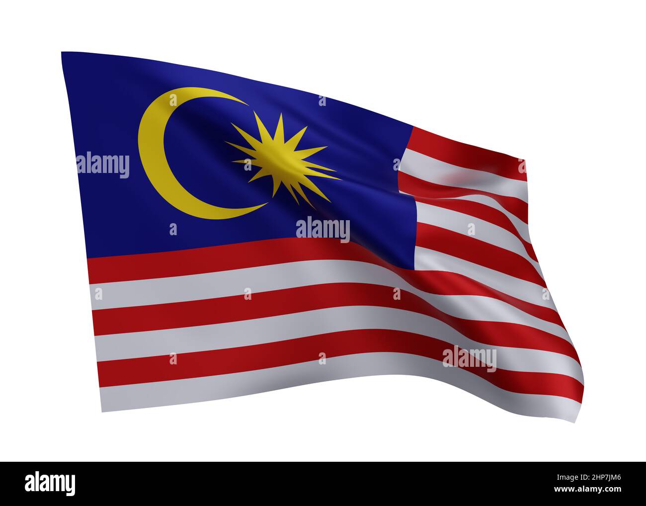 3D Illustration Flagge von Malaysia. Malaysische hochauflösende Flagge vor weißem Hintergrund isoliert. 3D Rendern Stockfoto