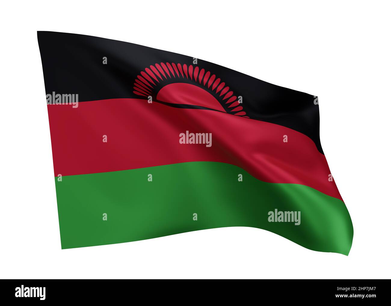 3D Illustration Flagge der republik Malawi. Malawische Flagge mit hoher Auflösung, isoliert vor weißem Hintergrund. 3D Rendern Stockfoto