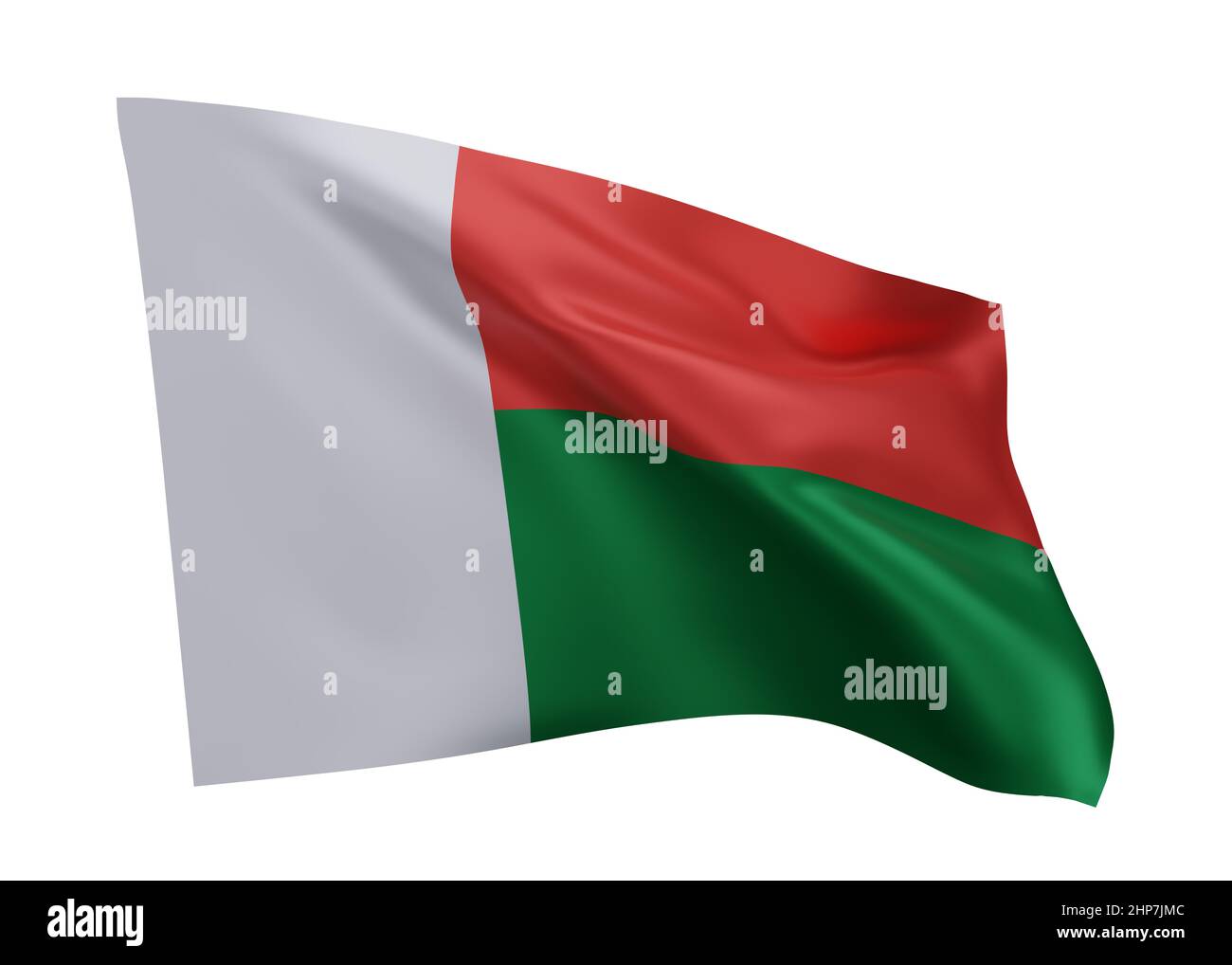 3D Illustration Flagge von Madagaskar. Madagaskar hochauflösende Flagge isoliert vor weißem Hintergrund. 3D Rendern Stockfoto