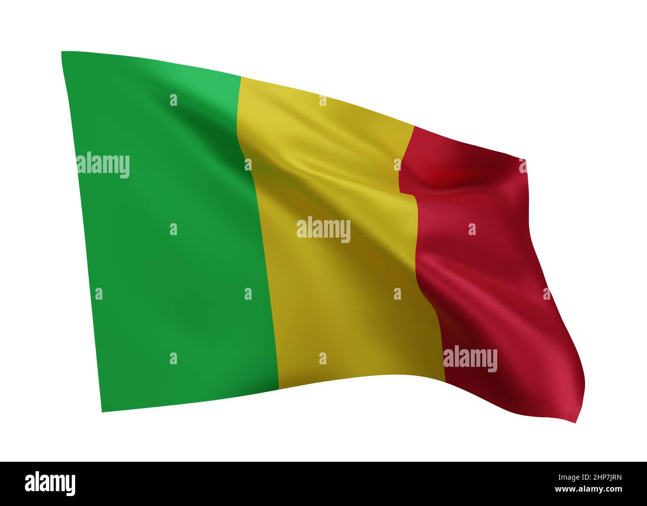 3D Illustration Flagge von Mali. Malische Flagge mit hoher Auflösung, isoliert vor weißem Hintergrund. 3D Rendern Stockfoto