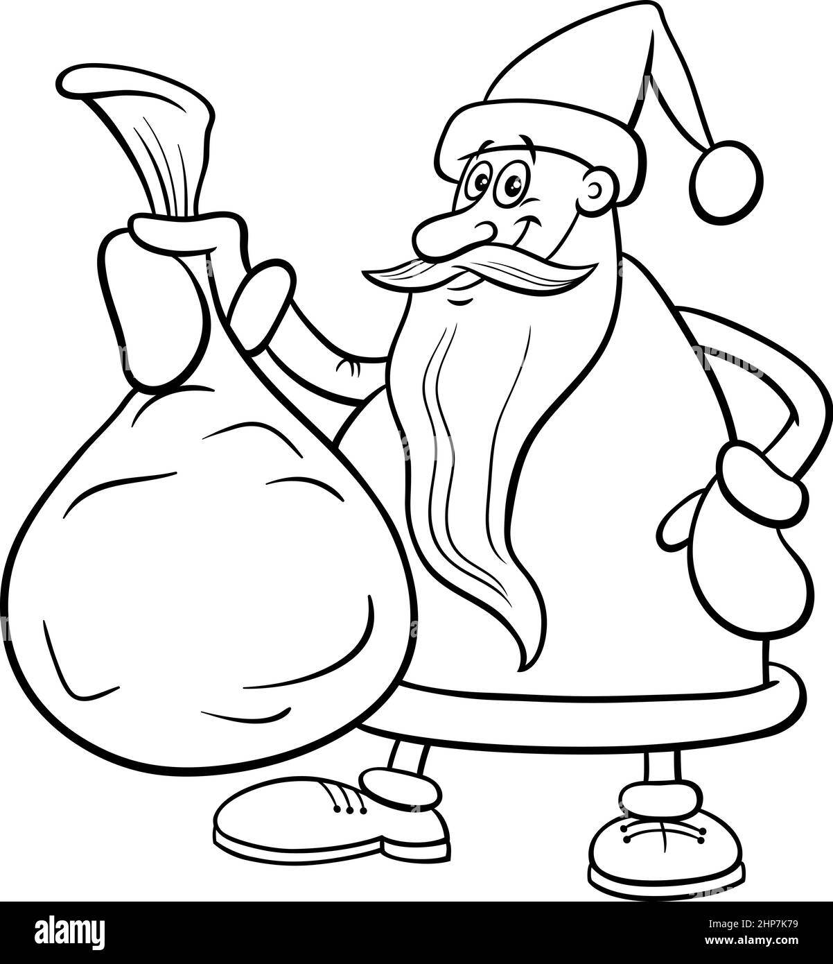 Cartoon Weihnachtsmann mit Sack von Geschenken Malbuch Seite Stock Vektor