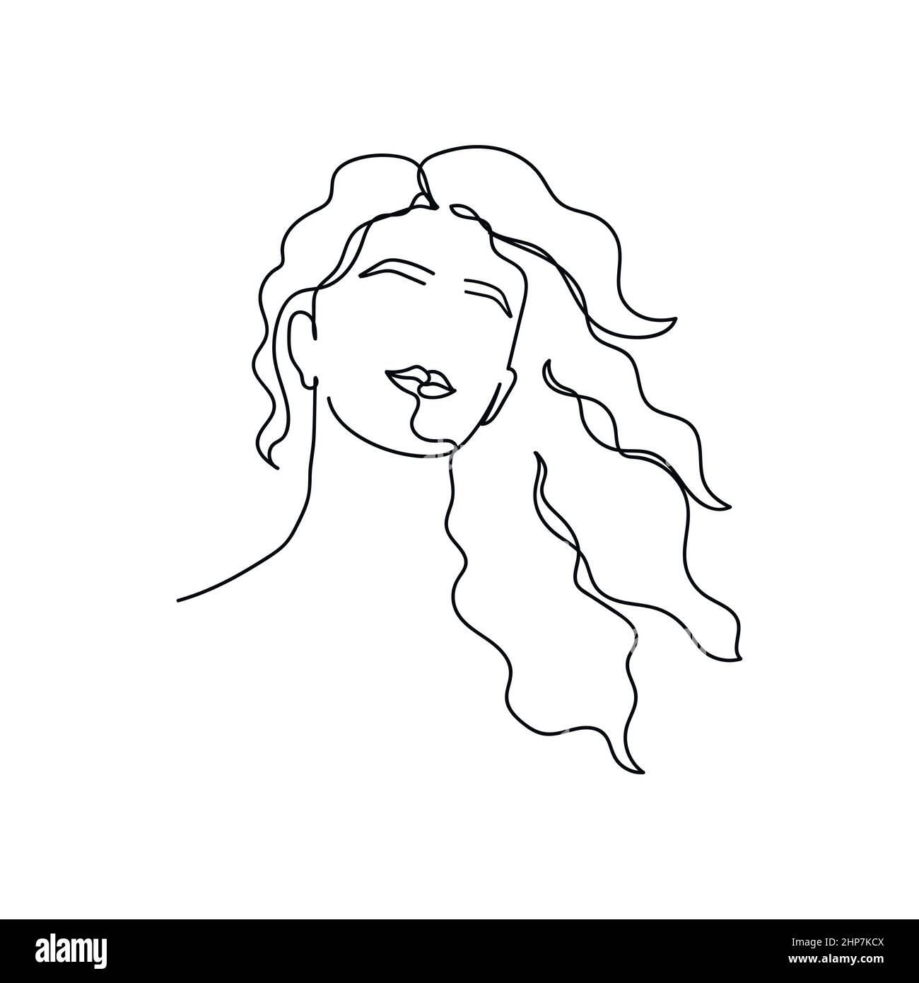 Vektor abstrakt kontinuierliche eine einzige einfache Linie Zeichnung Symbol der jungen Frau mit langen gesund in Silhouette Skizze. Stock Vektor