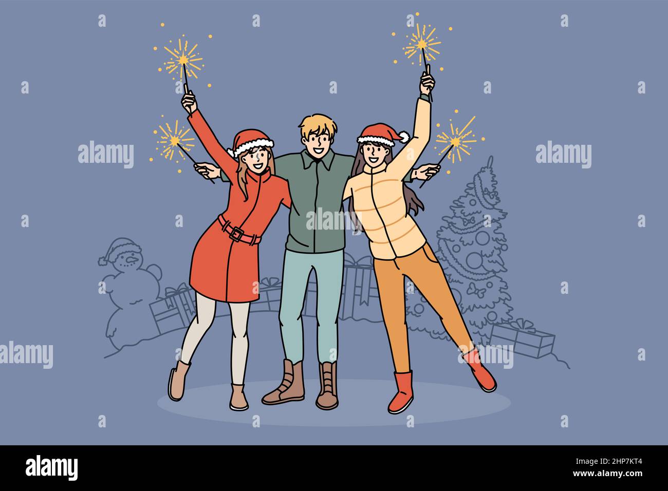 Fröhliche, vielfältige Freunde feiern das neue Jahr im Freien Stock Vektor
